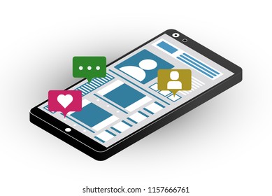 Illustration on the theme of social networking. Smartphone with like mark, comments, friends. Isometry.