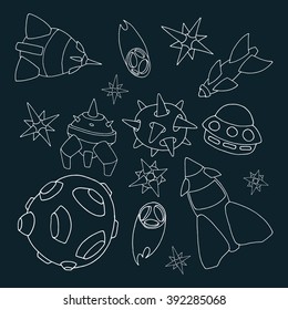 The illustration on the theme of space with spaceships and comets, planets and stars. Chalk like. Vector illustration.