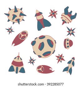 The illustration on the theme of space with spaceships and comets, planets and stars. Vector illustration.