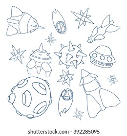 The illustration on the theme of space with spaceships and comets, planets and stars. Vector illustration.