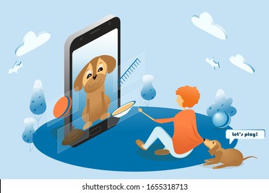 Ilustración sobre el tema de los gadgets stop. Un niño en lugar de jugar con un perro en vivo juega al teléfono con un perro digital.