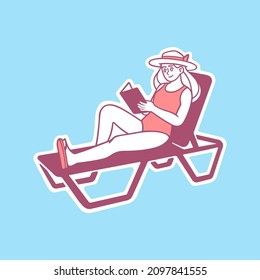 Illustration on the theme of summer. It depicts a resting girl, after swimming in the sea, on a sunbed, sunbathing, and reading a book. She has a hat on her head, and it protects against sunstroke.