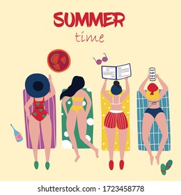 ilustración sobre el tema de las vacaciones de verano - las chicas se bañan en trajes de baño y accesorios de playa, una imagen de moda con la inscripción de verano