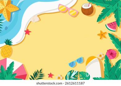 illustration on the theme of summer, with the image of the beach, sea and summer accessories