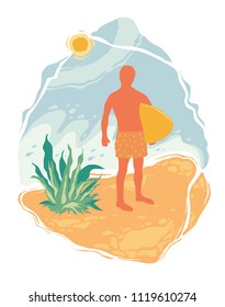 illustration on the theme of surfing. Summer t-shirt print. Surfer on the beach.
