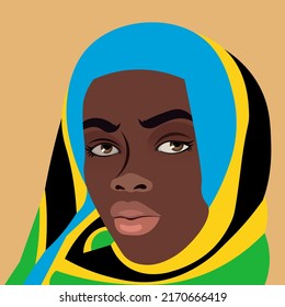Illustration on the theme of Tanzania. A girl from Tanzania in a headscarf in the color of her country. Vector illustration