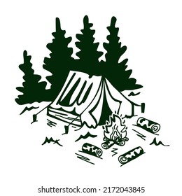 Illustration on the theme of tourism in the woods with a tent, camping with pine trees and a campfire. Illustration in one color. Logo, print.
