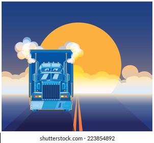 Illustration on the theme of transportation and logistics. Big truck with a trailer on the road racing