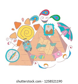 Illustration on the theme of travel.Doodle pictures of leisure and entertainment. Rest on the sea, in the air, and on land.