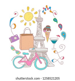 Illustration on the theme of travel.Doodle pictures of leisure and entertainment. Rest on the sea, in the air, and on land.