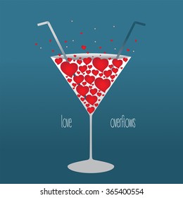 Illustration on the theme of Valentine's day, a glass with abstract hearts instead of drink.I do love to drink for two.