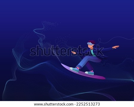 Illustration on the theme of virtual reality. The guy in vr glasses surfs on a wave of particles. Vector colorful illustration on a dark background with gradients. The concept of the meta-universe.