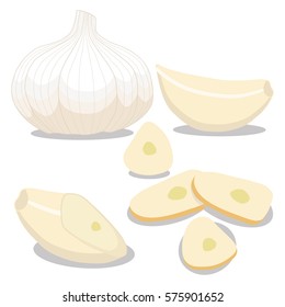 illustration on theme whole ripe vegetable bitter garlic cloves, sliced garlic cloves isolated on white background, eat fresh garlic cloves on health