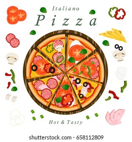 illustration on theme whole round hot pizza for pizzeria, slice triangle pizza on the wood rounded board from pizzeria, eat tasty Italian pizza in fast food establishment pizzeria