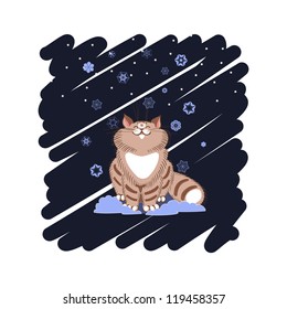 Illustration on the theme of winter. Fluffy tabby cat sitting under falling snow. Background of doodles.