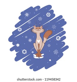 Illustration on the theme of winter. Siamese cat sitting under falling snow. Background of doodles.