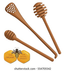 Illustration on theme wooden spoon for bee honey from honeycomb. Bee pattern consisting of collection wooden spoon for food, liquid yellow honey in honeycomb. Eat bee honey on honeycomb wooden spoon.