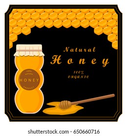 Illustration on theme wooden spoon for bee honey from honeycomb. Bee pattern consisting of collection wooden spoon for food, liquid yellow honey in honeycomb. Eat bee honey on honeycomb wooden spoon.