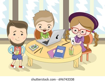 Illustration on a theme work. Hipsters work. Stylish people. Fashionable gadgets.