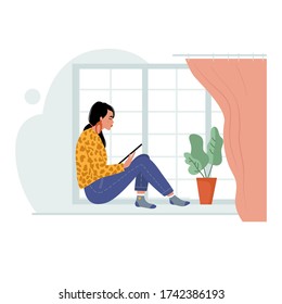 Ilustración sobre el tema del trabajo en casa, sentado en la ventana con una tableta, concepto. Mujer joven independiente en casa. Gente en casa en cuarentena. Aislado sobre un fondo blanco. Vector.