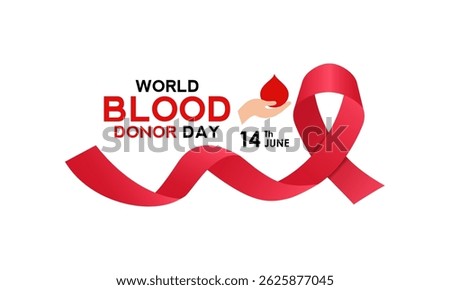 Illustration on the theme of World Blood Donor Day is held on 14 june. Blood Drop with hand and Realistic ribbon. One Drop Can Save a World. Blood bag and heart banner, cards, prints, social media.