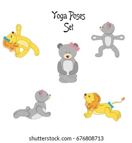 Illustration on a theme of yoga with a set of cute bears and lions.