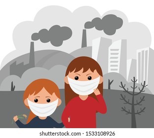 Illustration on the topic of air pollution in big cities. Woman and girl in face masks. Vector Illustration  in flat style.