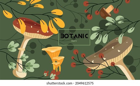 Ilustración sobre el tema de la botánica. Fondo vectorial con flores y hongos.