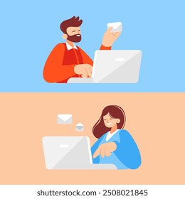 Illustration on the topic of communication via email and messengers in flat style.
