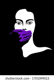 Illustration on the topic of domestic violence in a minimalistic style. Woman with a male's hand on her mouth. Can be used as a poster. Violet black and white colour.