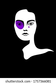 Illustration on the topic of domestic violence in a minimalistic style. 
Woman with a black eye and a tear. Can be used as a poster. Violet black and white colour.