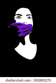 Illustration on the topic of domestic violence in a minimalistic style. Woman with a male's hand on her mouth. Can be used as a poster. Violet black and white colour.