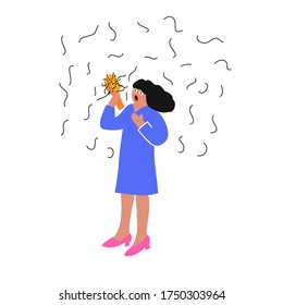 Illustration on the topic of hair loss. The girl is in a state of shock from hair loss. Hair care.