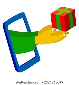 Ilustración sobre el tema de la compra y entrega en línea. Desde la pantalla de teléfono de la mano con la caja de regalo, el cliente pone un pedido en línea en blanco El concepto de entrega y compra en línea