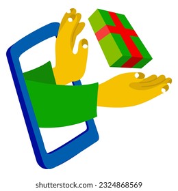 Illustration on the topic of online purchase and delivery. From the phone screen of the hand with the gift box, the customer places an online order on white The concept of delivery and online shopping