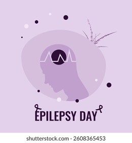 Illustration on the topic of supporting people with epilepsy. Human silhouette, electrical impulses in the human brain, purple ribbons, a sprig of lavender. Vector eps 10.