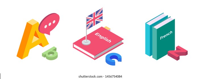 Illustration on topic of teaching foreign languages. Textbooks in French and English, flag of England and letters of Latin alphabet. 3D isometric flat design. The concept of education. Vector image.