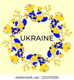 Illustration on the topic of Ukraine. Flat style based on flowers in yellow and blue colors with the inscription Ukraine. Vector card, banner, flyer