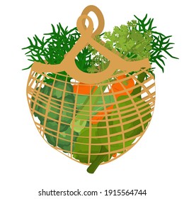 Illustration on the topic of waste-free consumption and environmental conservation. Grid with vegetables. Healthy food in a bag. concept Say " no " to plastic.