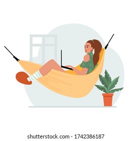 Illustration on the topic of work at home, concept. Girl works on a laptop in a hammock. People at home in quarantine.  Isolated on a white background. Vector.
