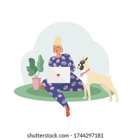 Illustration on the topic of work at home, modern workspace, concept. Young woman freelancer at home. People at home in quarantine. Isolated on a white background. Vector.