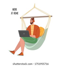 Ilustración sobre el tema del trabajo en casa, concepto. Un joven trabaja como independiente en casa. Gente en casa en cuarentena. Aislado sobre un fondo blanco. Vector.