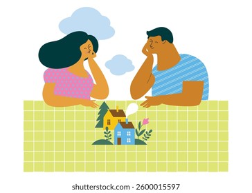 Illustration on the topic of a young family, relationships, family planning and home. A man and a woman sitting opposite each other 