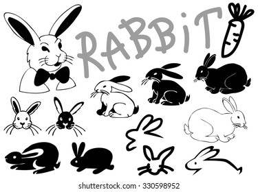 illustration on a transparent background, icons and graphics of different rabbits