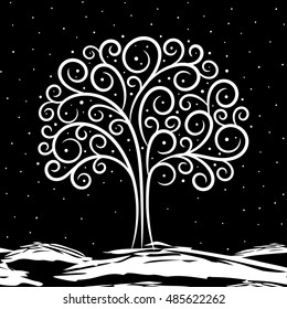  Illustration on tree in winter on black background