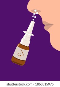 Illustration on the use of a nasal spray for sinus treatment. Medical theme. It can be used in otolaryngology, disease, pharmacy, health information. Vector flat illustration. 