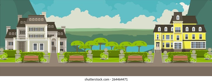 illustration on a vertical strip  picturesque mountain and the lake near which the two hotels or large mansion