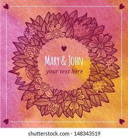 illustration on watercolor background. Greeting card with a bouquet and frame for text