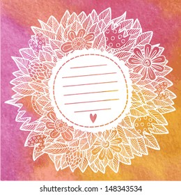illustration on watercolor background. Greeting card with a bouquet and frame for text