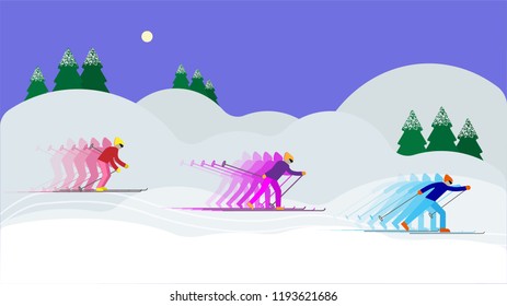 The illustration on which three people who ski in the winter time on the snowy slopes. Landscape for winter theme, and winter sport theme. For advertising winter active sports. Skiing.